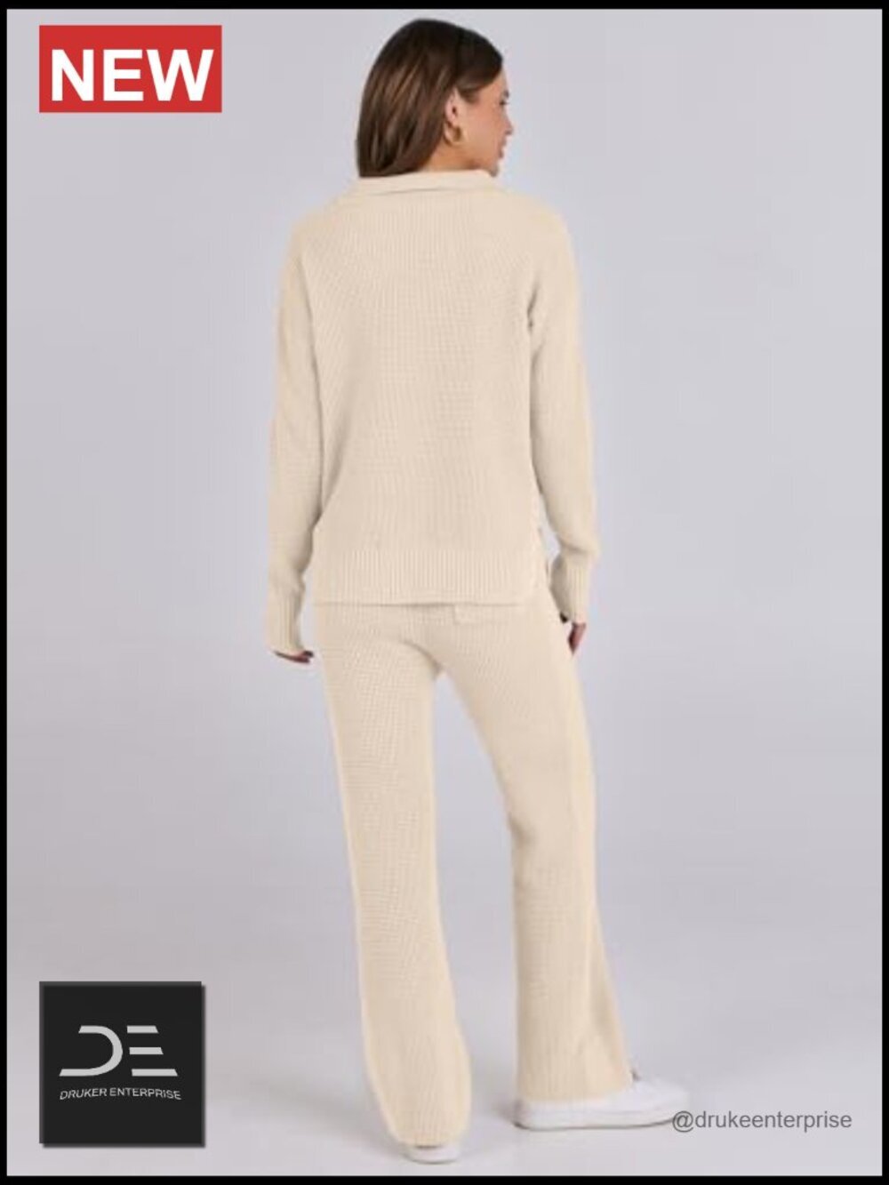 Waffle Knit Two Piece Lounge Set - Pullover & Wide Leg Pants - Picture 2 of 7